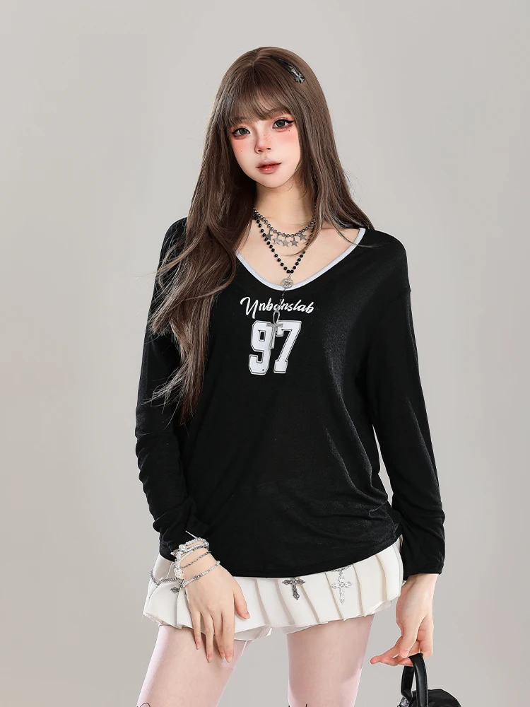 Retro American Sweet Spicy Girl Pure Desire Thin Long Sleeve Cover up Top Loose Casual Summer New Style Women's T-shirt