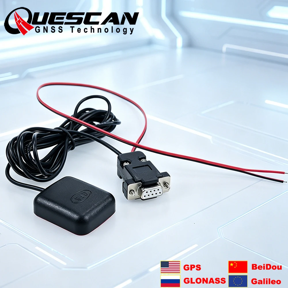 Receptor GNSS QUESCAN 5V Serial RS232 GPS GLONASS Galileo BeiDou con Antena NMEA 0183, Conector RS-232 DB9 y Cable de Alimentación