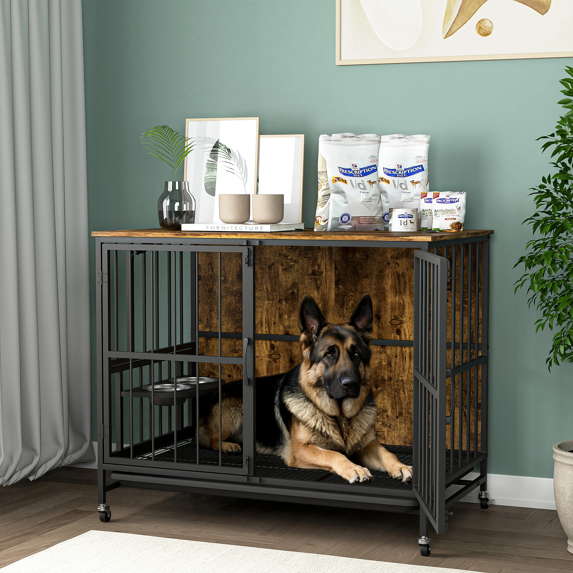 Modern Kennel Dogs room up to 80 LB, Dog crate furniture with Multi-Purpose Rremovable Ttray, Double-Door Dog House