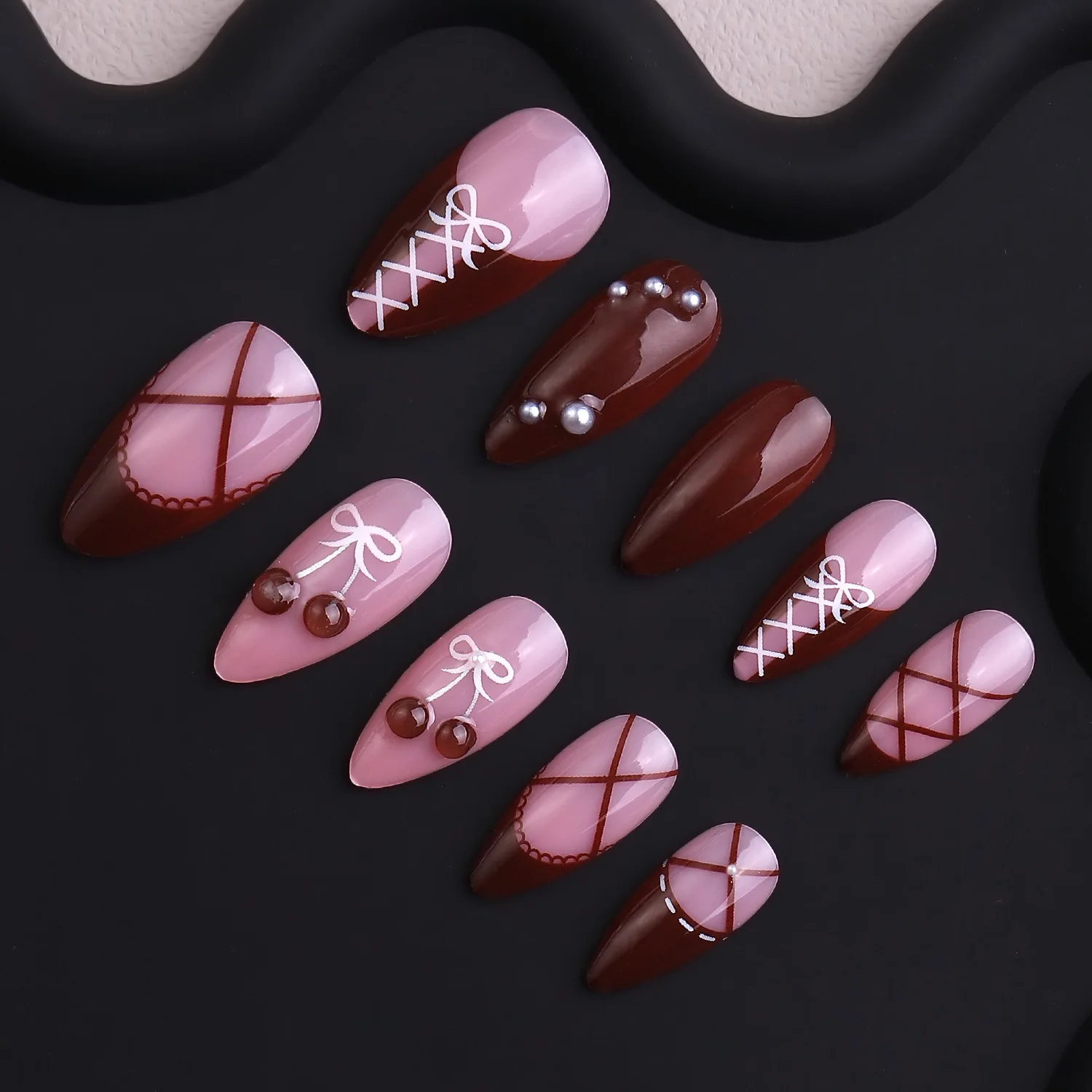 

24PCS Sweet Bow Press on Nails Red Polka Dot Almond White Vintage Style Atmosphere Daily French Design Fake Nails False Nails 네일