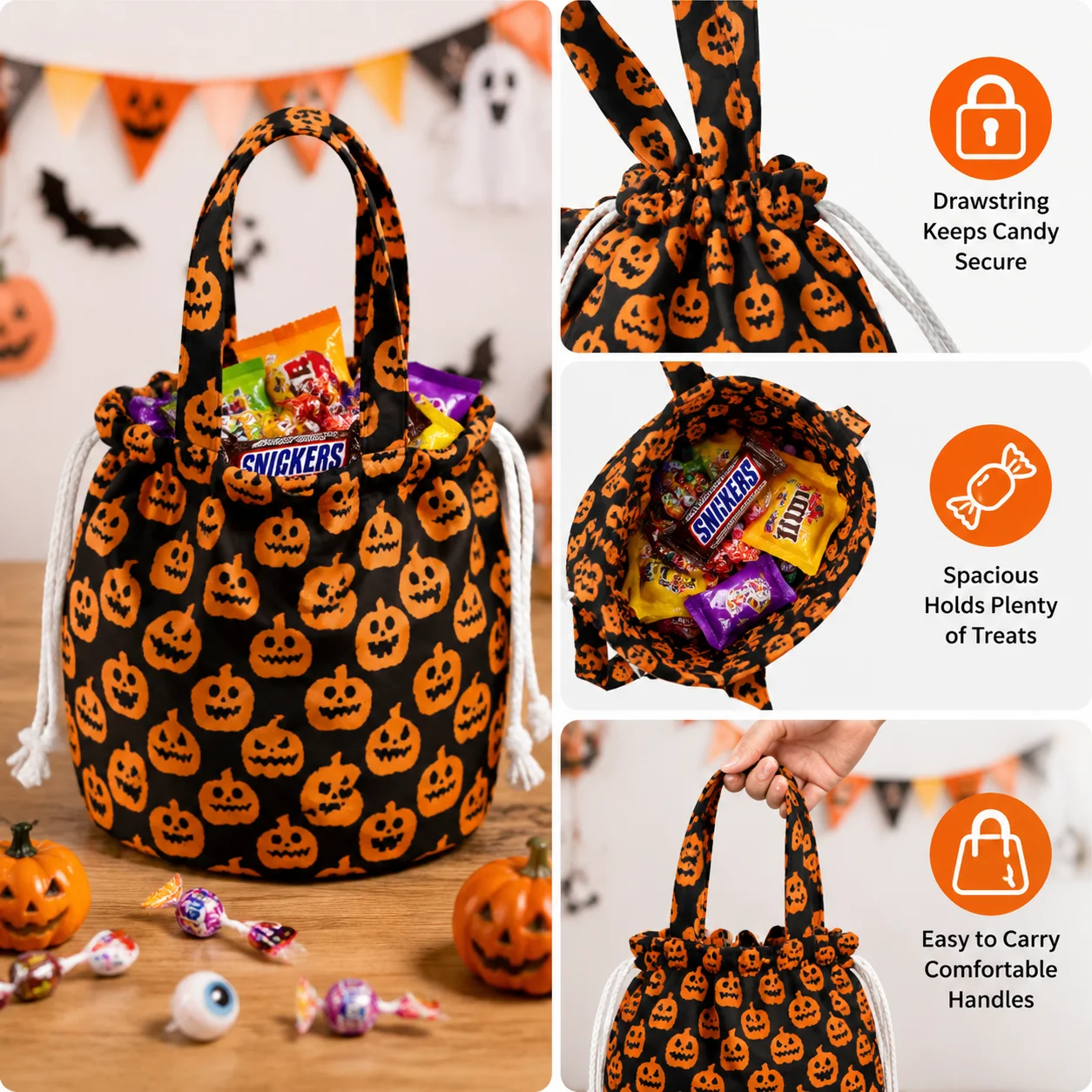 Personalized Drawstring Bag for Halloween Kids Trick or Treat Candy Pouch Custom Name Ghost Pumpkin Party Favor