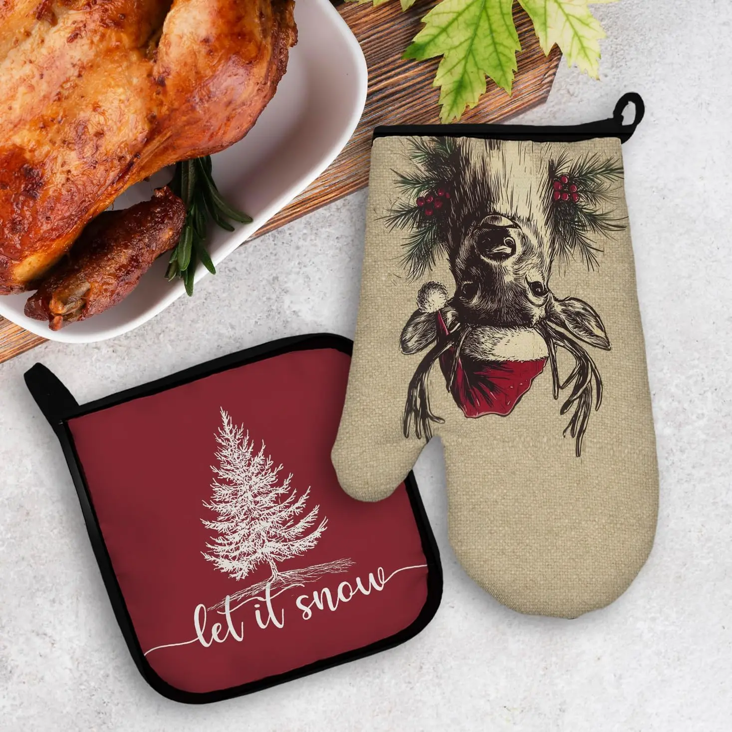 Christmas Oven Mitts and Pot Holders Sets, Let It Snow Christmas Tree Deer Heat Resistant Potholder Kitchen Decor for Cooking