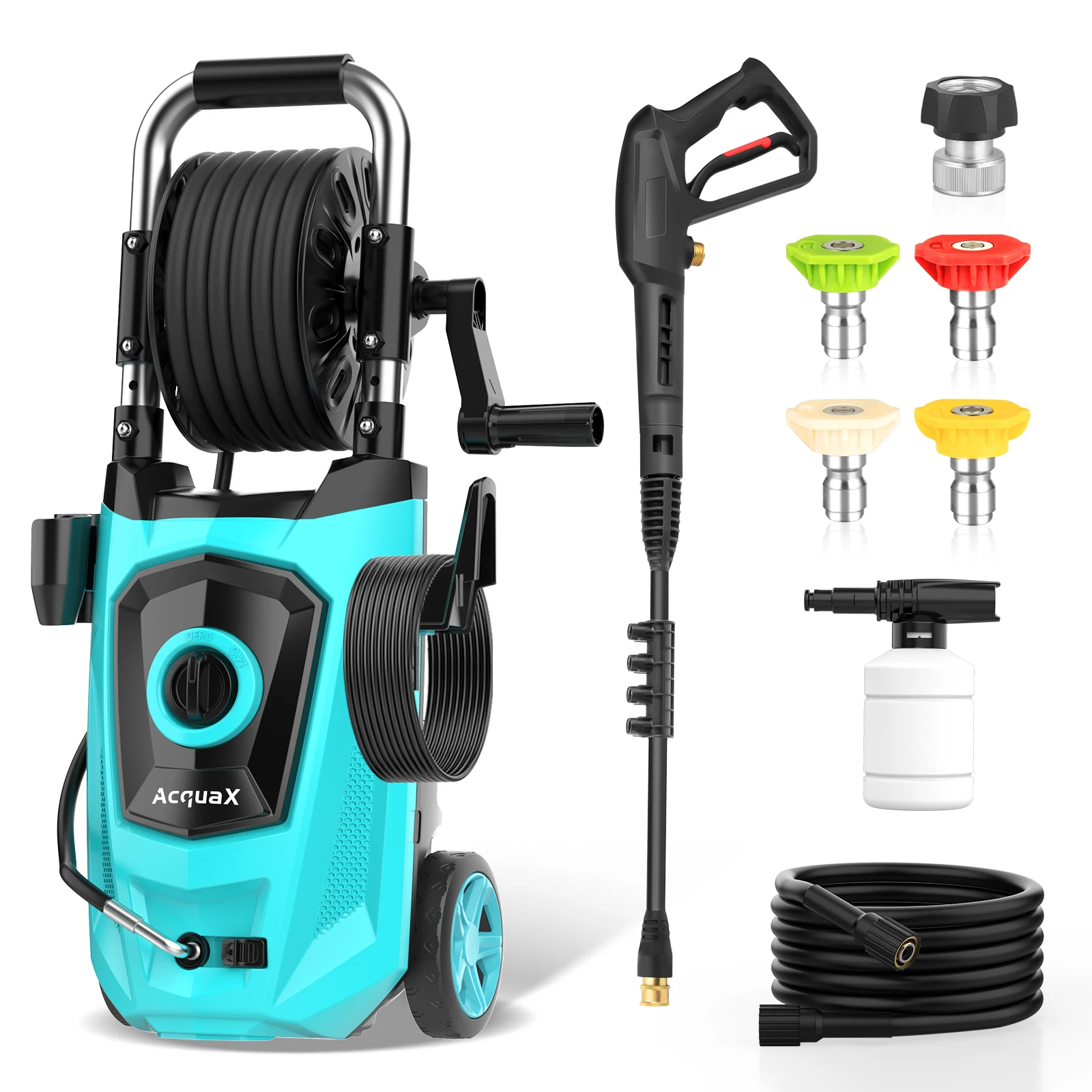 

4300PSI Мойка высокого давления 1800 Вт 4-угольная сменная насадка Электрическая мойка высокого давления Автомойка с катушкой и колесами