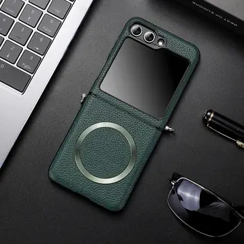 Bezdrátové nabíjecí pouzdro MagSafe pro Samsung Galaxy Z Flip 7 Flip6 Flip5 Flip4 magnetický kožený kryt Litchi 10 nejlepší prodej otočení zásobníku - №8