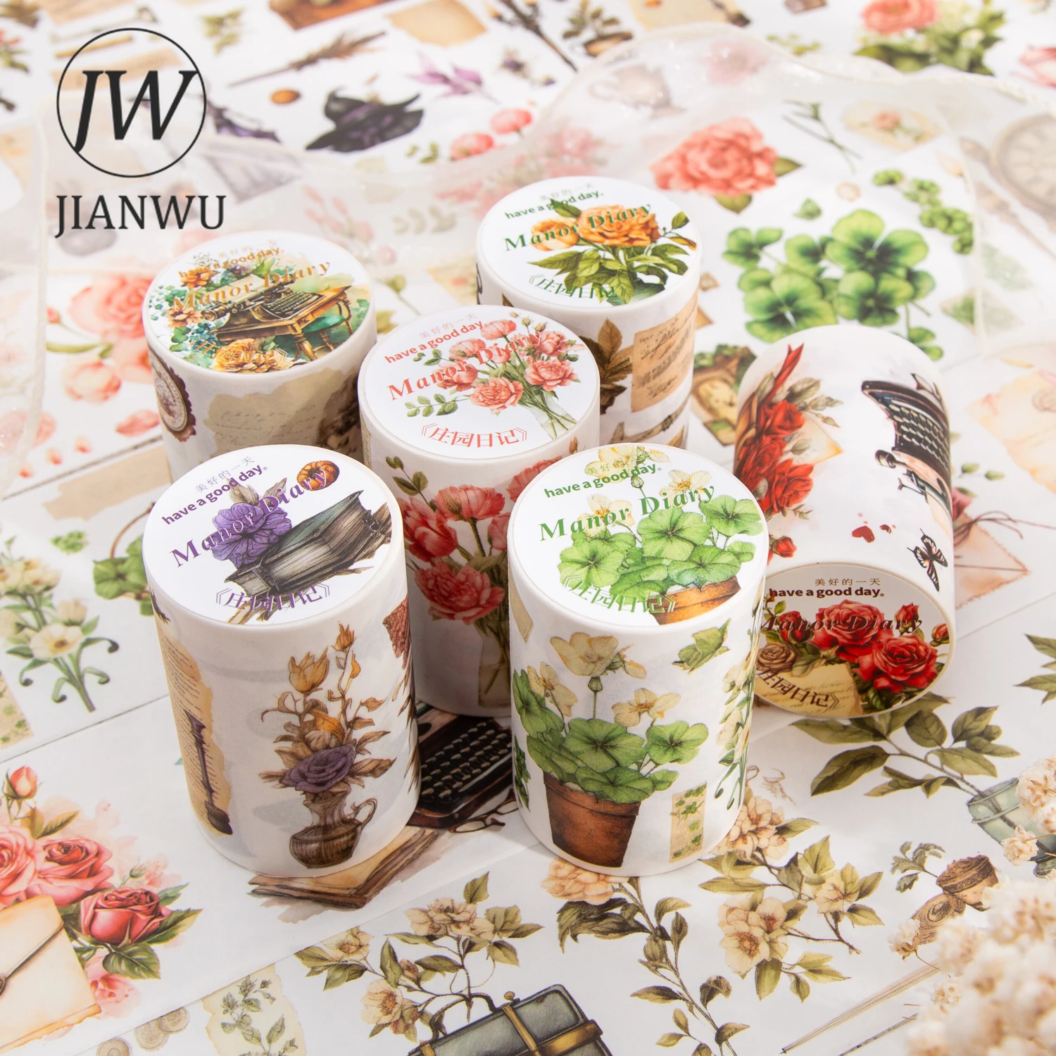 JIANWU 60mm*200cm Manor Diary Series Vintage Plant Material Washi Tape Creative DIY Journal Collage Scrapbooking Stationery