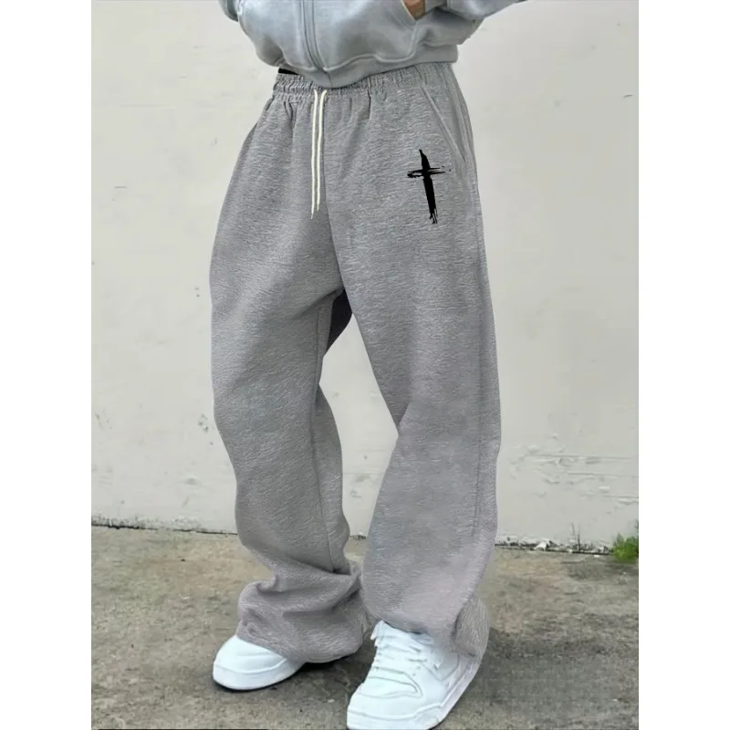 2026 Summer Men's Black Jogging Pants Simple White Cross Print Casual Pants Elastic Waist Drawstring Pants Adult and Children's