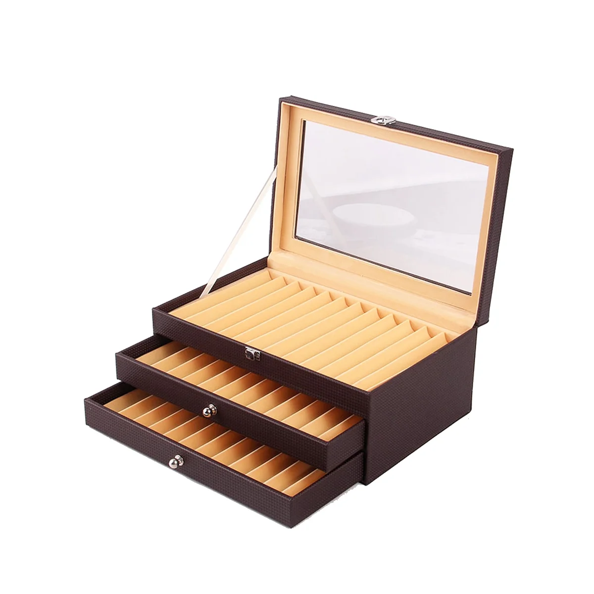 36 Slots Wooden Pen Display Storage Box Luxury 3 Layer PU Pen Case Glass Window Fountain Case Pen- Organizer