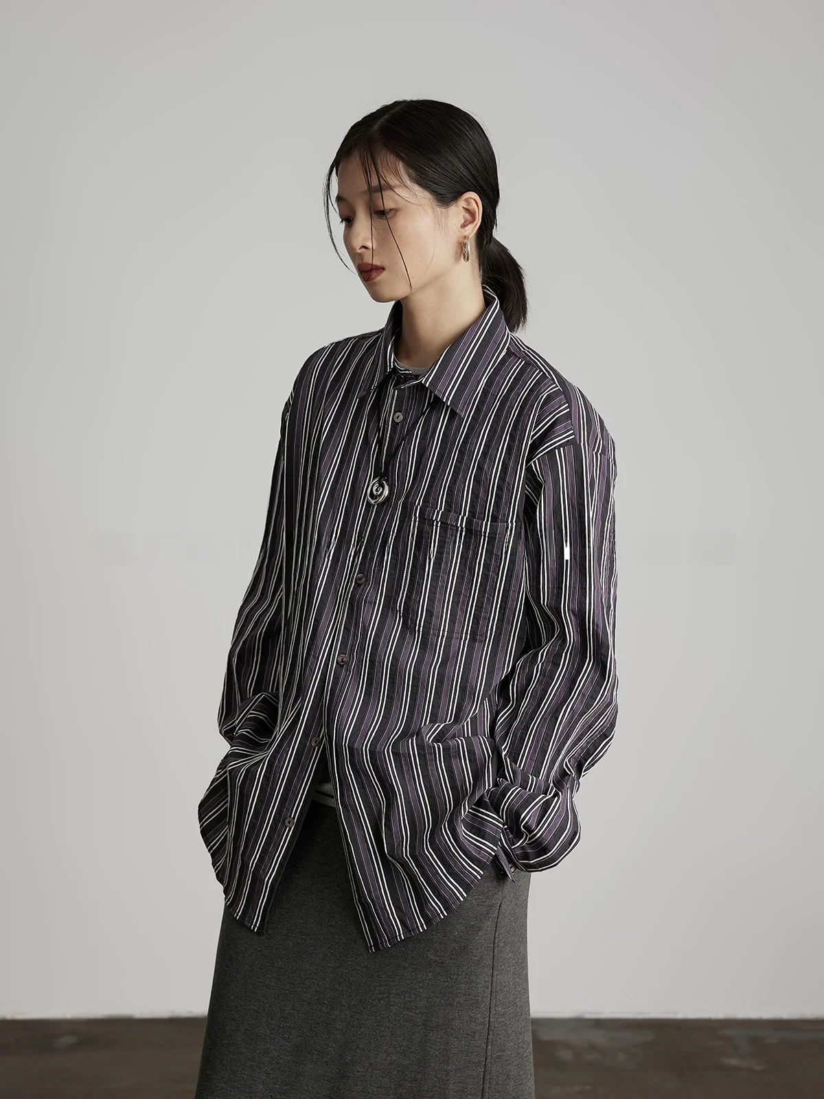 

Ordinary times Women's Loose Silk Stripe irt Spring Autumn Lazy Sle Design Long Sve Button up Cotton Blend Top