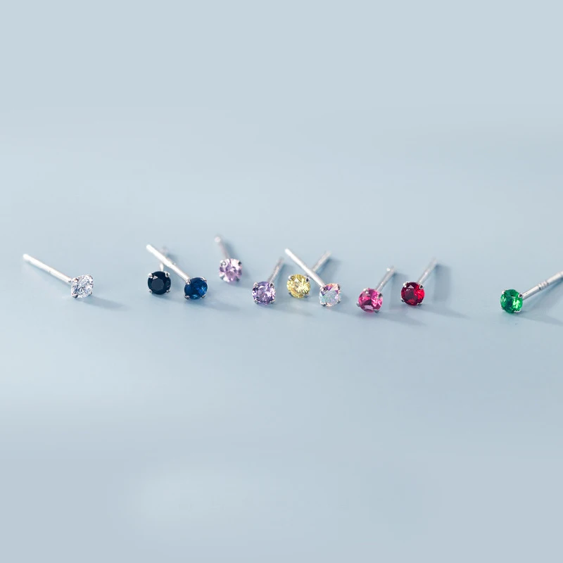 

Enosola 925 Sterling Silver Mini Round Colorful Zircon Small Stud Earrings for Fashion Women Student Teen Daily Jewelry Gift