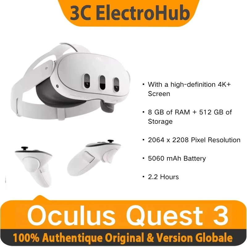 Casque de réalité virtuelle tout-en-un Oculus Quest 3 avec écran 4K+ haute définition, 8 Go de RAM + 512 Go de stockage, résolut