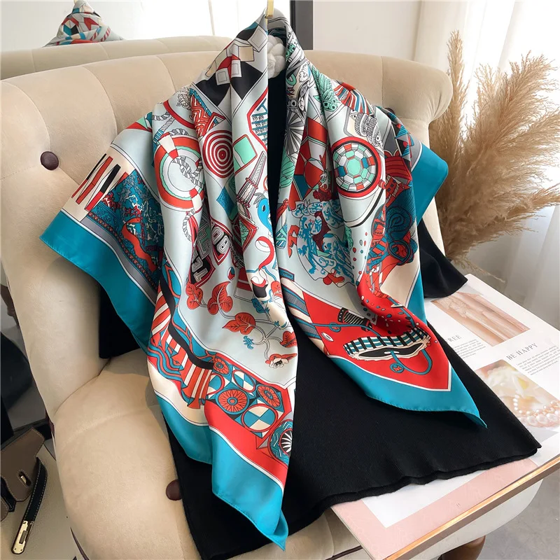 Luxury Women 90x90CM New Twill Silk Big Square Scarf Shawl Fashion Printed Design Summer High Quality Ladies Sunscreen Scarves