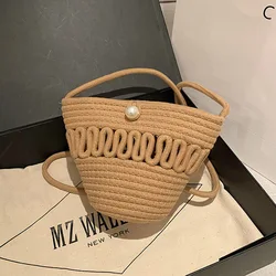 Cotton Rope Bucket Shoulder Bag For Women Handamade Woven Handbag Summer Beach Bag Drawstring Crossbody Bag Purse Cute Tote Bag