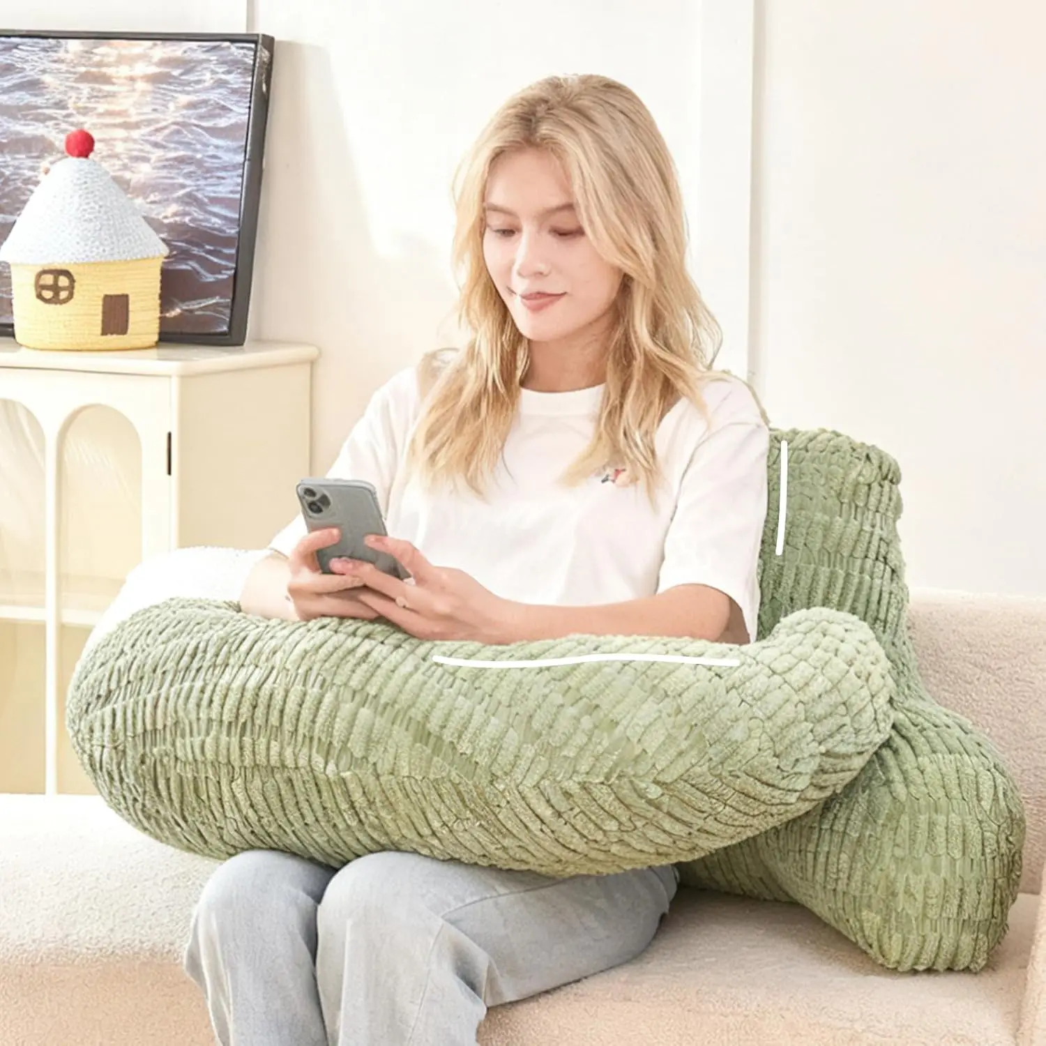 

U-образная подушка для поддержки спины для сидения в кровати, 19 дюймов, с поддержкой для поясницы и рук, из вельветовой ткани, зеленая