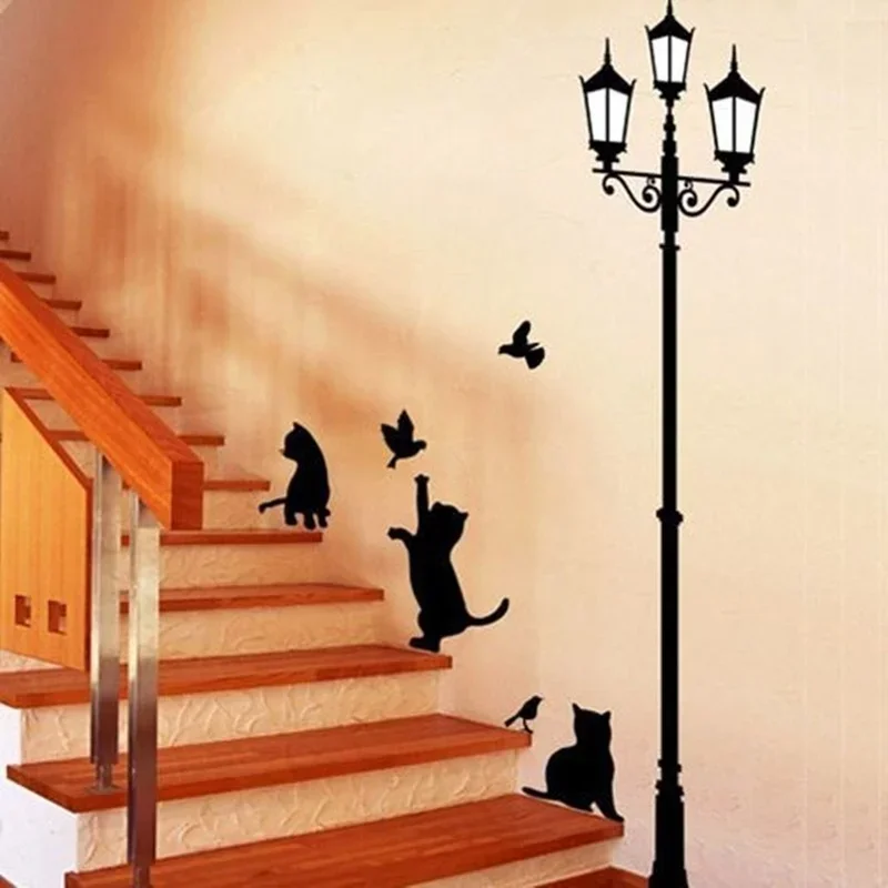 Creative New Popular Ancient Lamp Cats And Birds Wall Sticker Wall Mural Home Decor Room Kids Decals Wallpaper Home Decoration