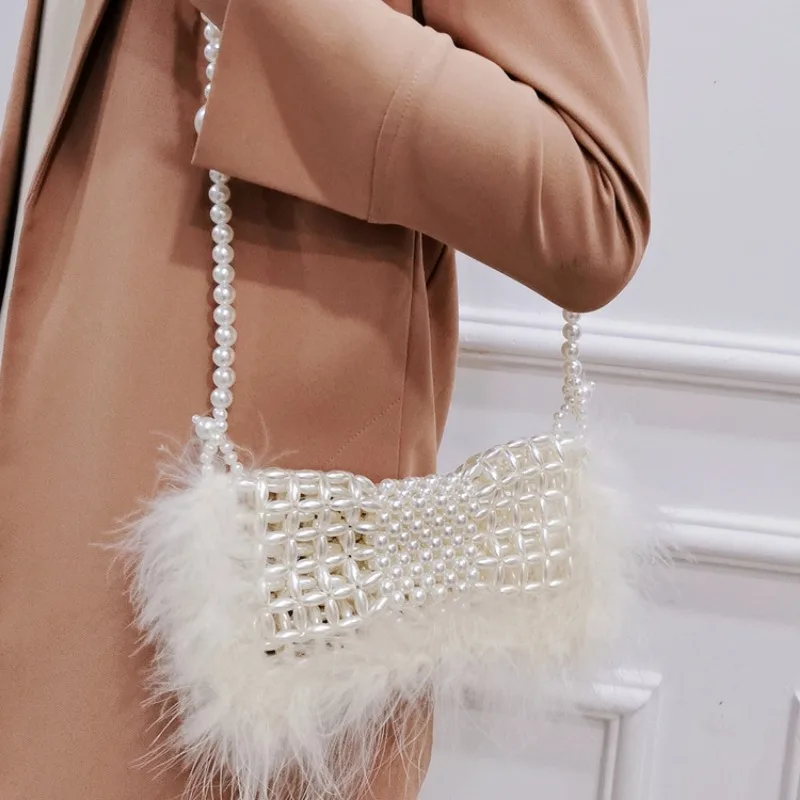 Customized Fashion Retro Bowknot Pearl Weaving Crossbody Bags Personalized Feather Design Handwoven Beaded Women's Shoulder Bag