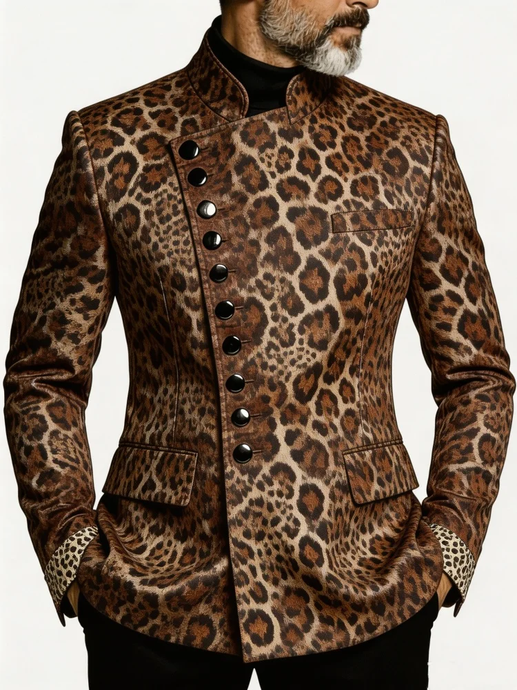 Mens Stand Collar Diagonal Button Full Leopard Print Slim Fit Fashion Blazer Men Night Club Wedding Party Outerwear