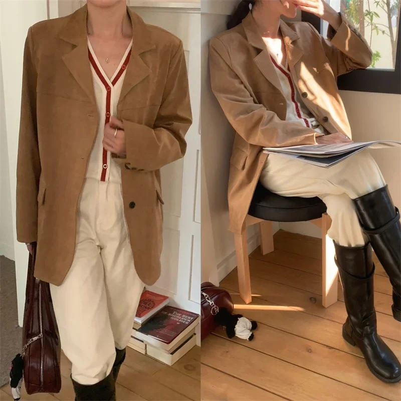 

2023 Autumn French Retro Collar Single breasted Loose Medium length Deer Fleece Long Sleeve Suit Coat for Women