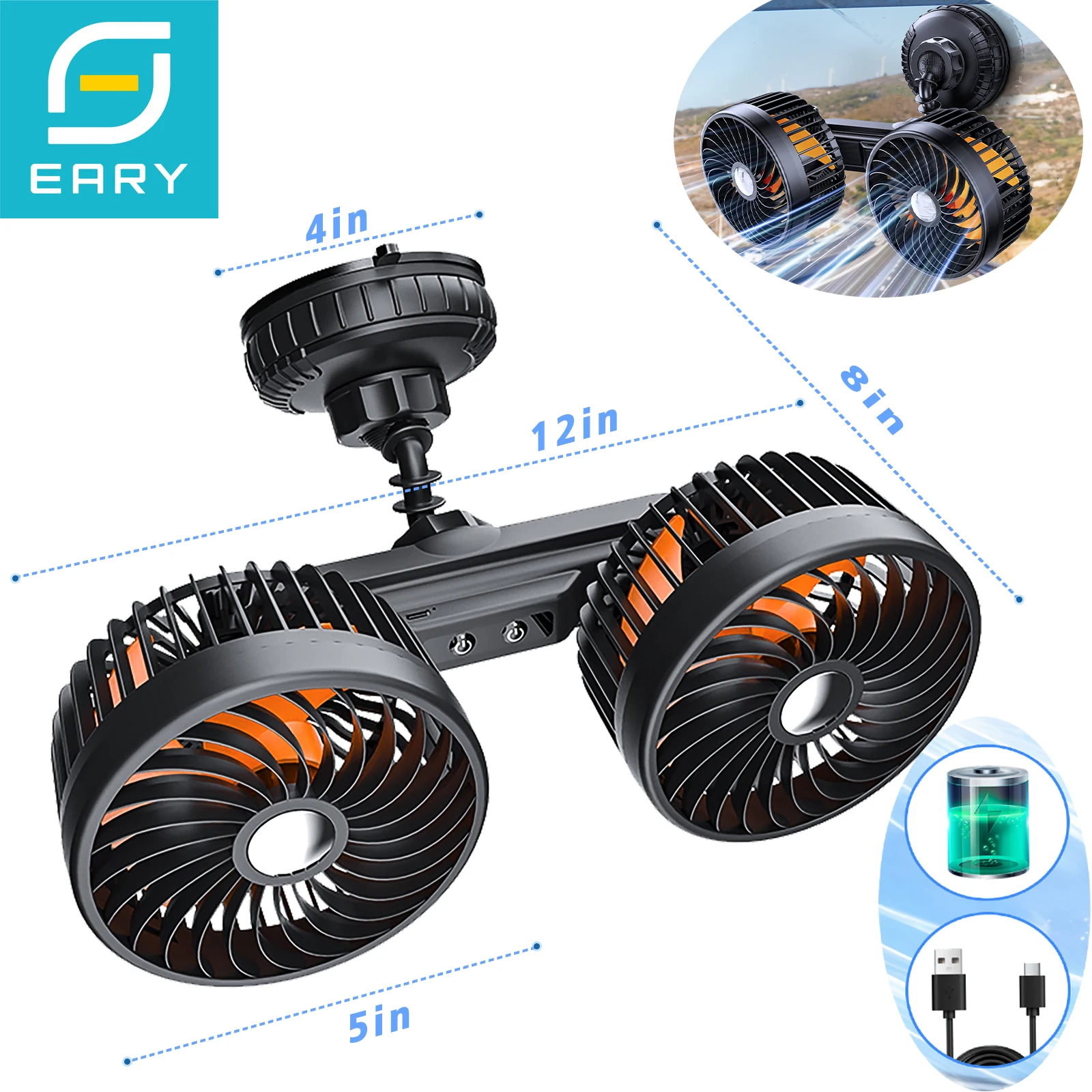 

Eary Car Dual Head Fan With 4000mAh 3 Speeds USB Rechargeable Strongest Suction Cup Air Cooling Fan For Truck SUV Ventilador Fan