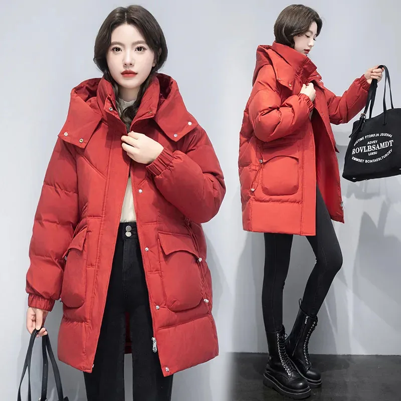 

New Cotton-Padded Womens Thick Down Cotton Coat Winter Warm Padded Jacket Female Korean Long Hooded Parker Cotton Clothes Zipper