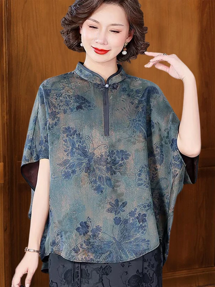 

Летняя модная ретро-блузка больших размеров для женщин, свободный топ из шелковой ткани для мам среднего и старшего возраста