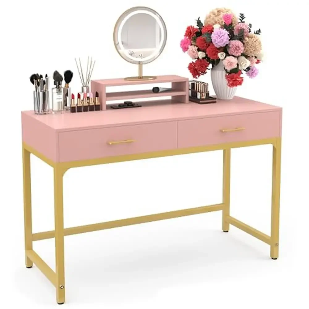 

Makeup Vanity Desk 2 Drawers Monitor Stand Storage Shelf Pink 40" Wooden Height 29.5