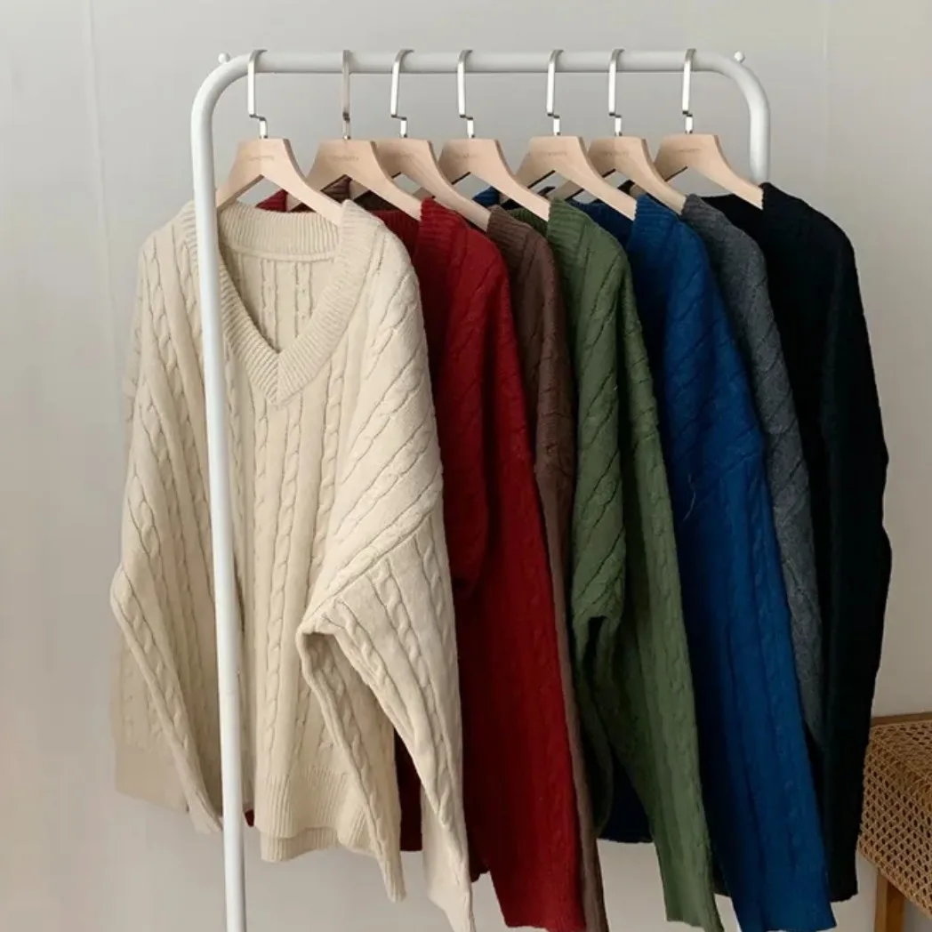 Chique v-ne camisola de malha feminina outono inverno solto longo sle retro torção macio confortável versátil casual commute faion