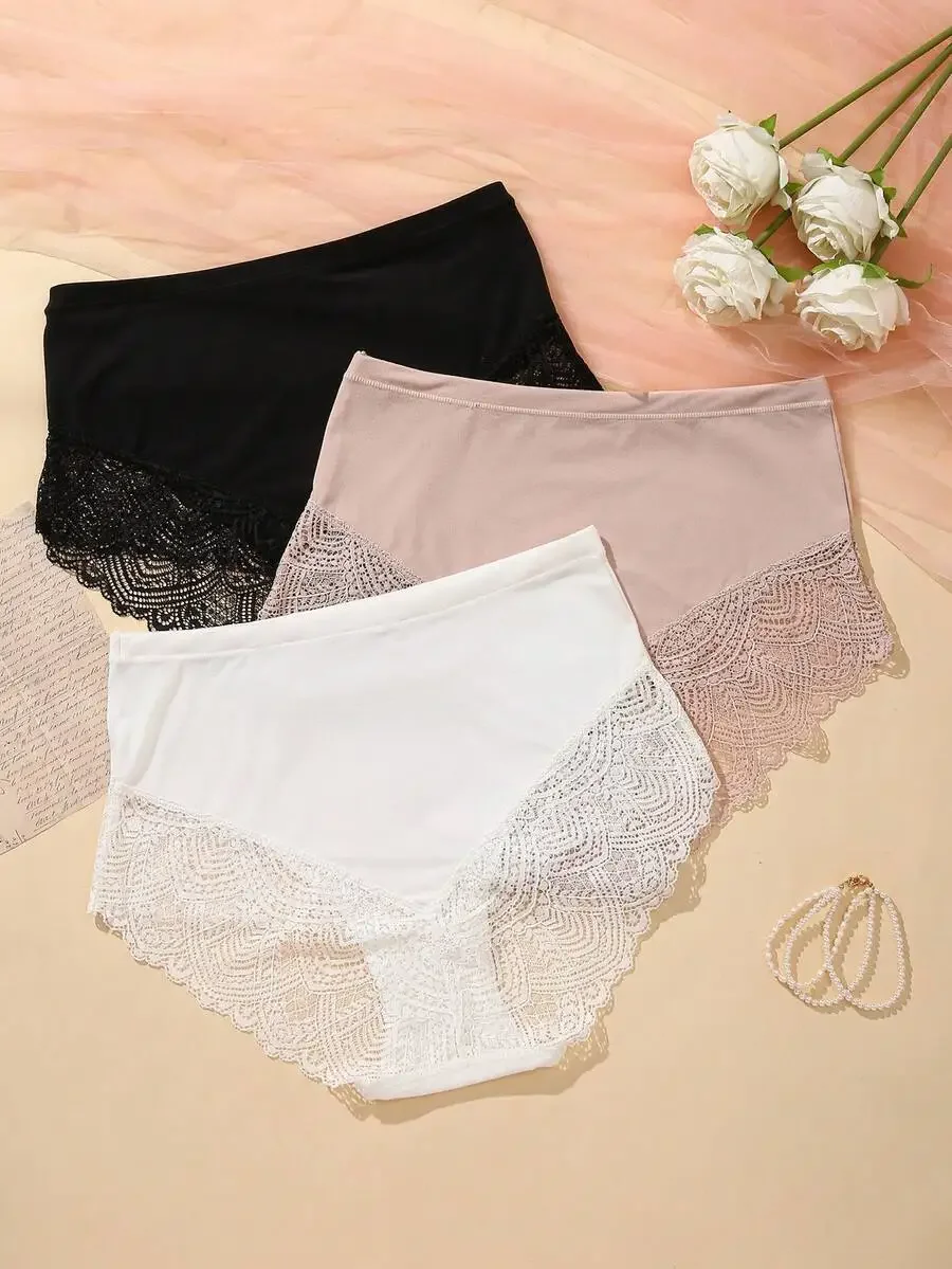 

Womens 3pcs Solid Color Lace Trimmed Briefs Underwear