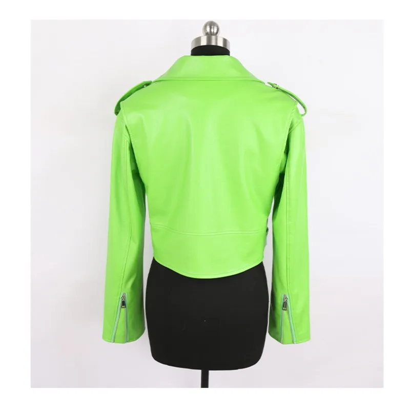 Spring Autumn Short Green Stylish Faux Leather Biker Jacket Women Zipper Long Sleeve Fashion Coat