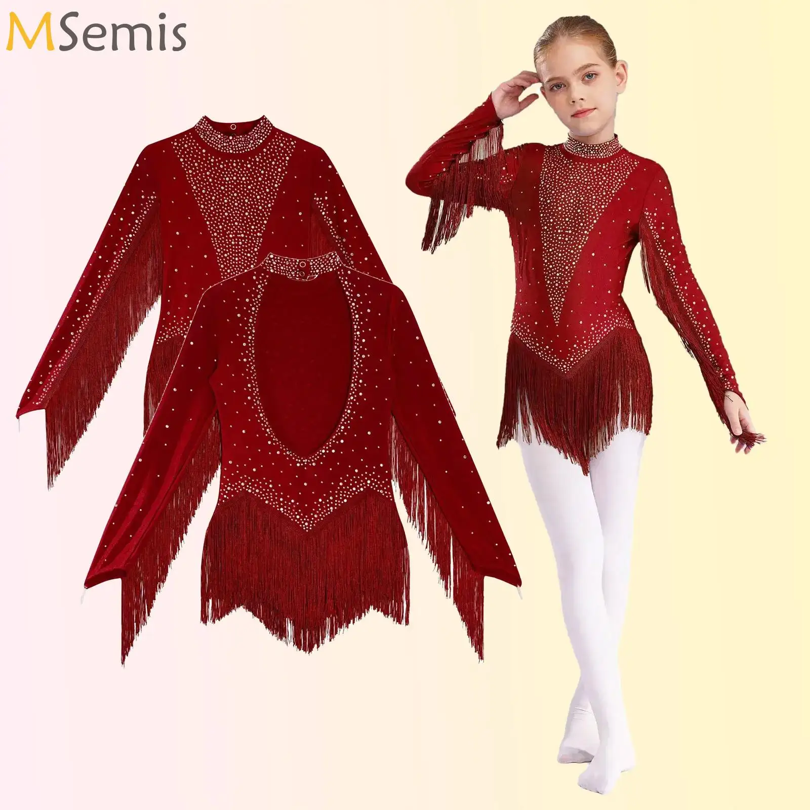 

Kids Girls Ballet Dance Dress Rhinestones Rhythmic Gymnastics Jersey Figure Skating Leotard Costume Tassel Skirted Bodysuit