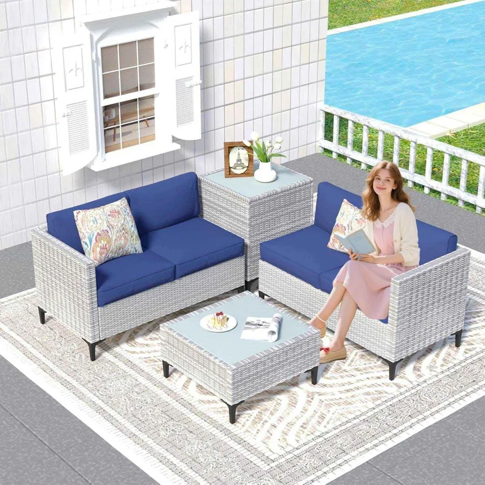 

4pcs Outdoor Patio Furniture Set, Outdoor Loveseat Couch, Waterproof Rattan Patio Sectional Sofa with Storage,Patio Conversation