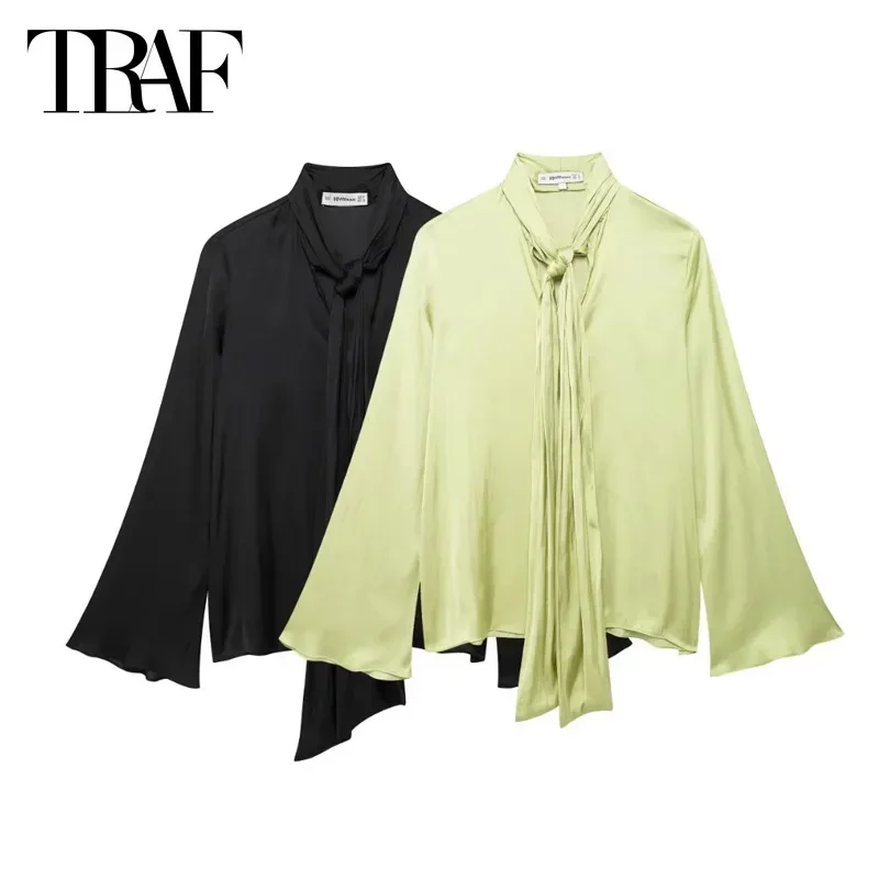 TRAF Women\'s Shirts Green Butterfly Shirts Shirts&Blouses 2024 Autumn Pleated Black Long Sleeve Blouses Elegant Trendy Shirts