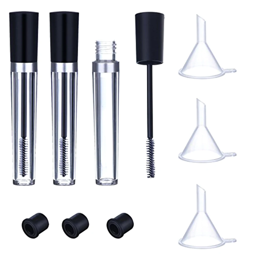 3pcs 7.5 ml Empty Mascara Tube with Eyelash Wand, Rubber Inserts and Funnels Set for Castor Oil, DIY Mascara Container with Cap