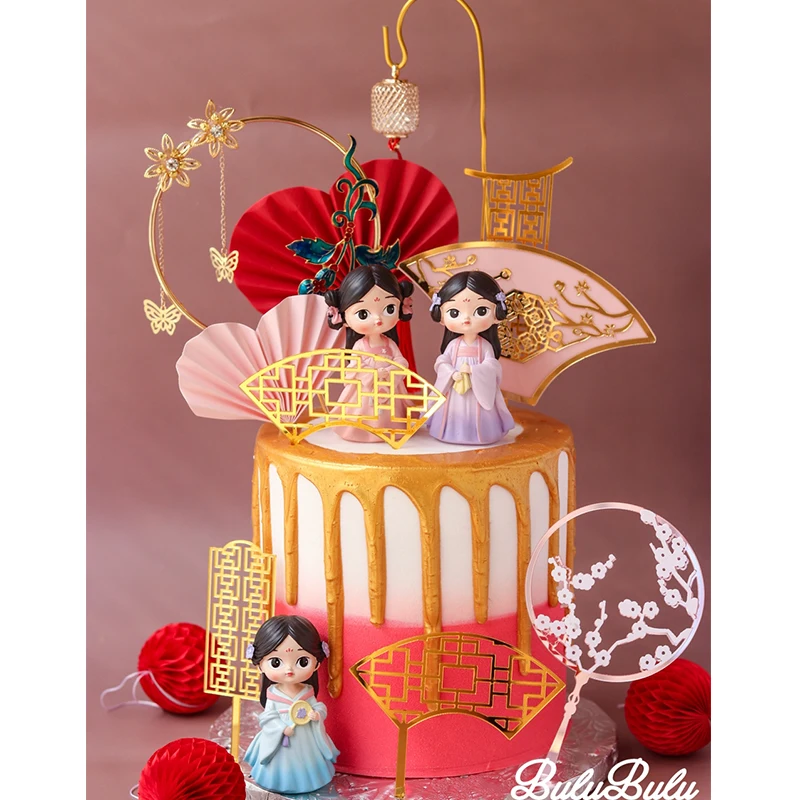 Hanfu Chinese Girl Cake Decoration Wedding Birthday Party Supplies Classical Screen Cake Toppers Acrylic Baking Dessert