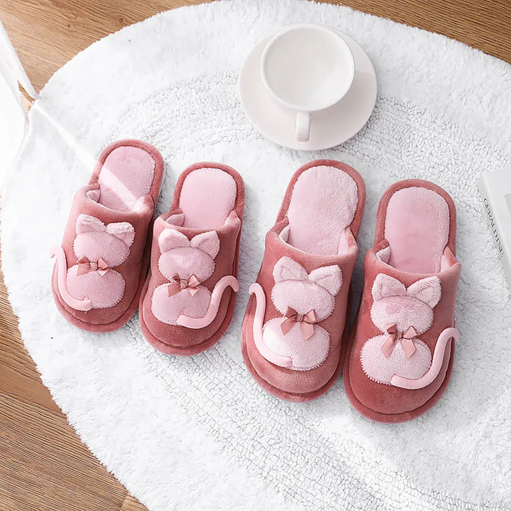 1Pair Cartoon Cat Shape Warm Kids Slippers Semi-Enclosed Home Winter Cotton Slippers Boys Girls Size 22Cm Watermelon Red