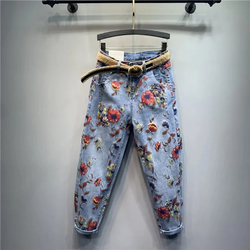 2024 Autumn Plus Size Jeans Fashion Harem Pants Light Blue Loose Slim Flower Print Casual Temperament Denim Pants