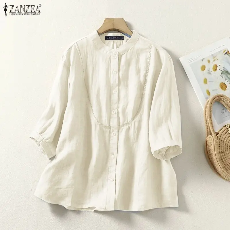 2026 Summer Lace Trim Shirts Women Stand Collar 3/4 Sleeve U-Shaped Seamed Button Up Solid Color Tops ZANZEA Casual Daily Camisa