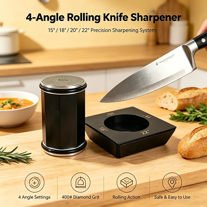 New Professional Octagonal Roller Knife Sharpener 4-Angle 15/18/20/22° Diamond Grinder Wooden Base With Magnet Chef Cutlery Tool
