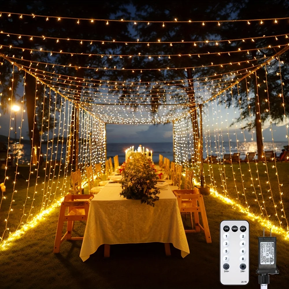 

9.8x9.8Ft 1200 LED Outdoor Wedding String Lights, Curtain Lights Outdoor Remote Control Gazebo 8 Modes IP54 Waterproof Waterfall Fairy String, Christmas String Lights, Window Wall Hanging Patio Outside Wedding Party Christmas Decor
