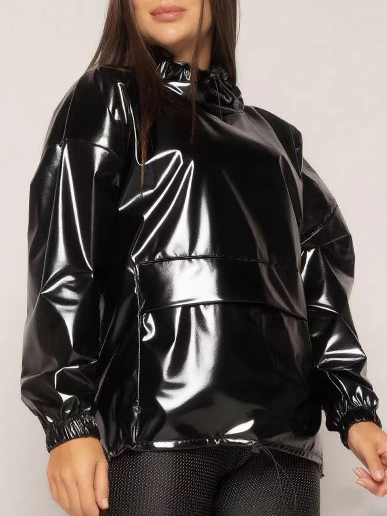 Damen Schwarzes Glänzendes Kunstleder-Pullover-Oberteil Kleidung mit Elastikband Damen PU-Leder Freizeithemd Top Neu – Detail 2
