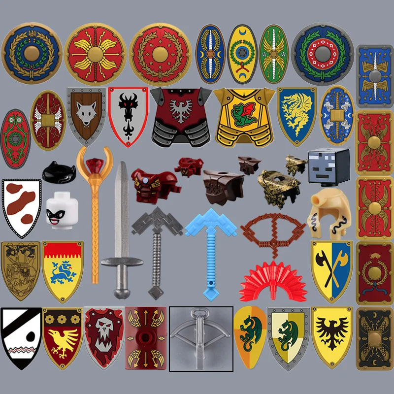 Blocos de construção de armas de soldados romanos, cavaleiro medieval, guerreiro militar, acessórios, escudo de armadura, capacete, bandeira orc, brinquedo de tijolos