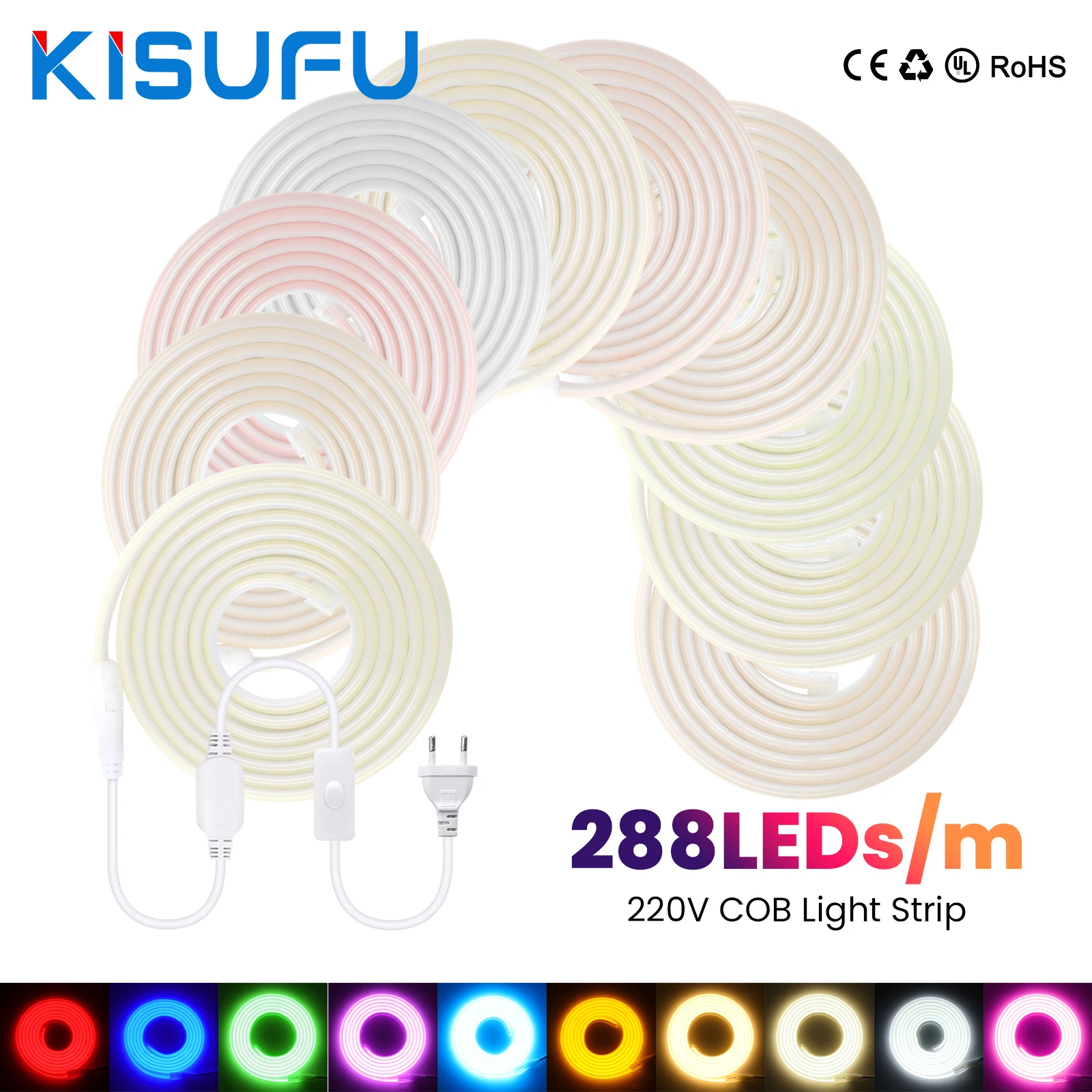 Multicolors 220V COB LED Neon Strip Light 288LEDs/M With/No Switch Plug Waterproof Dimmable Linear Lighting for Kitchen Garden