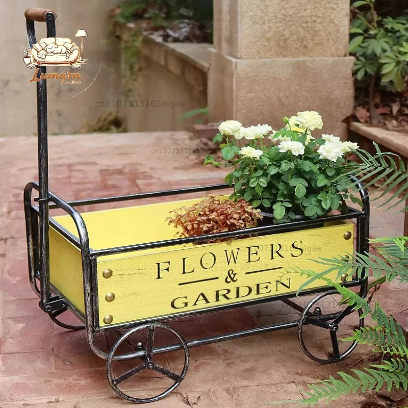 Outdoor Iron Flower Stand Trolley Garden Balcony Decorative Planter Cart Creative Succulent Pot Display Rack Rustic Patio Cart