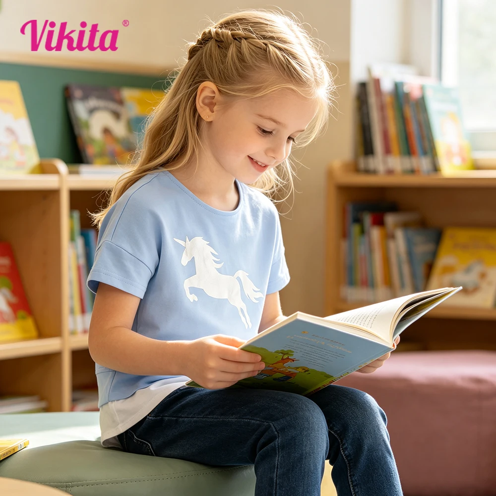 VIKITA Mädchen-T-Shirt mit hellblauem Einhorn-Aufdruck, kurzärmelig, Sommer-T-Shirt aus Baumwolle, lässiges T-Shirt für Kinder, Alltags- und Schultops und T-Shirts, Kinderkleidung