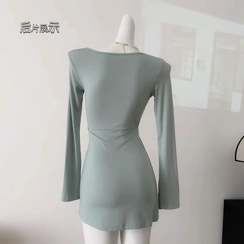 Fashionable Temperament V-neck Long-sleeved T-shirt Women Autumn Simple Design Slim Trendy Bottoming Twist Top