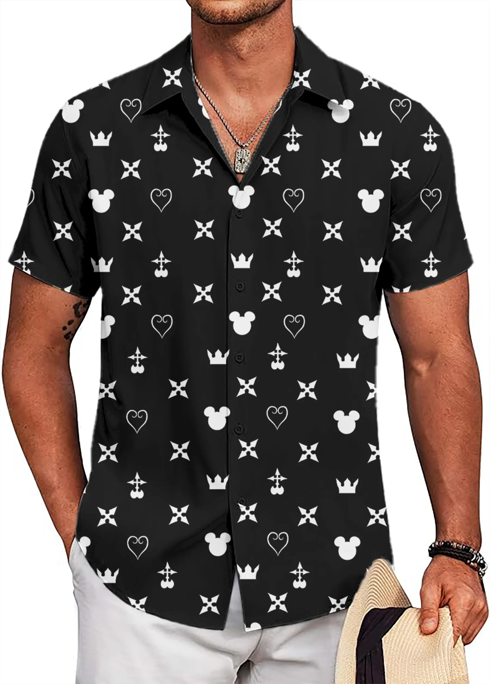 

Рубашка с 3D принтом Kingdom Hearts, модная уличная одежда с героями мультфильмов, мужская и женская одежда, повседневная мужская рубашка на пуговицах с коротким рукавом