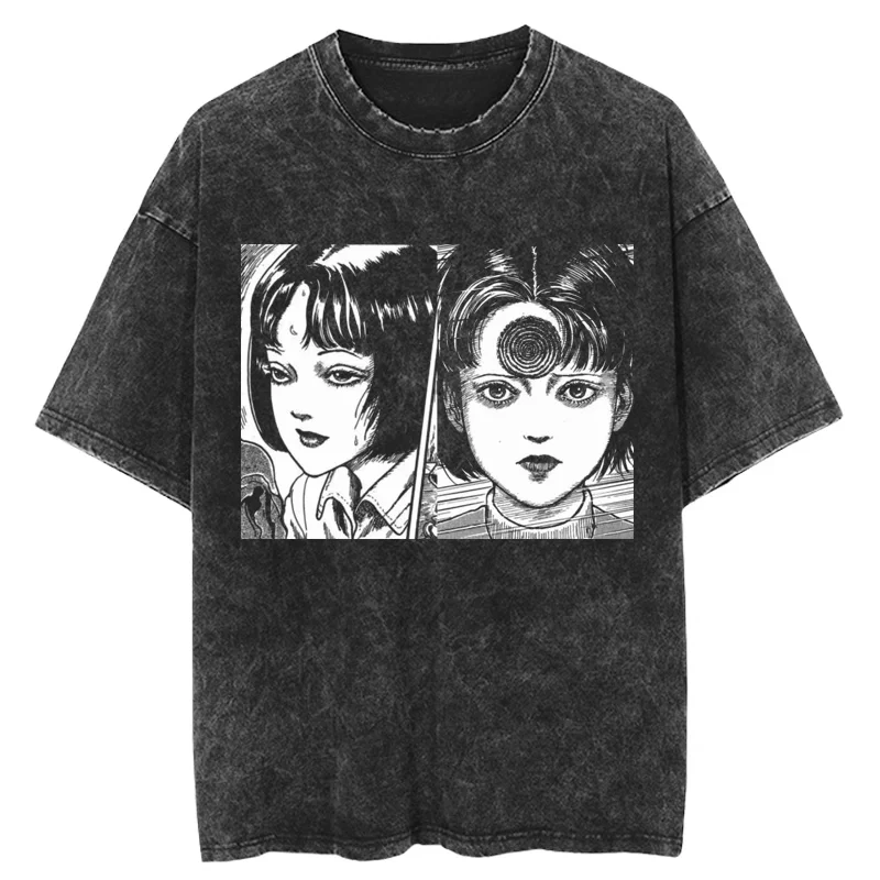 New Summer Tomie Junji Ito Retro Washed Antique Short-Sleeved T-Shirt Men's Trendy Brand Japanese High Street Hip-Hop Shirt