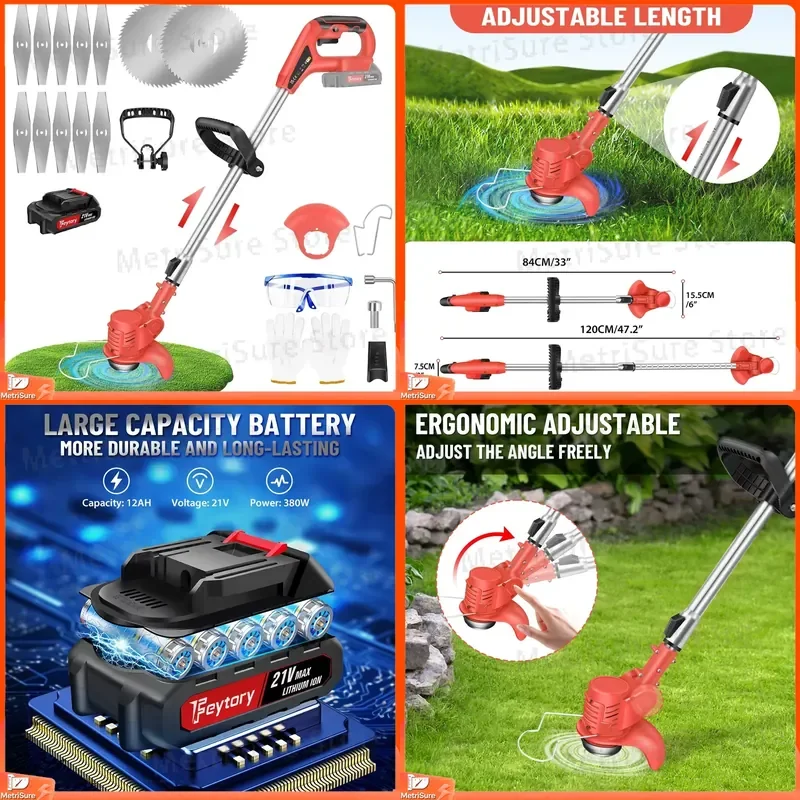 Cordless Grass Trimmer Brush Cutter with Blades Telescopic Lightweight Garden Strimmer 90 Degree Rotation Battery