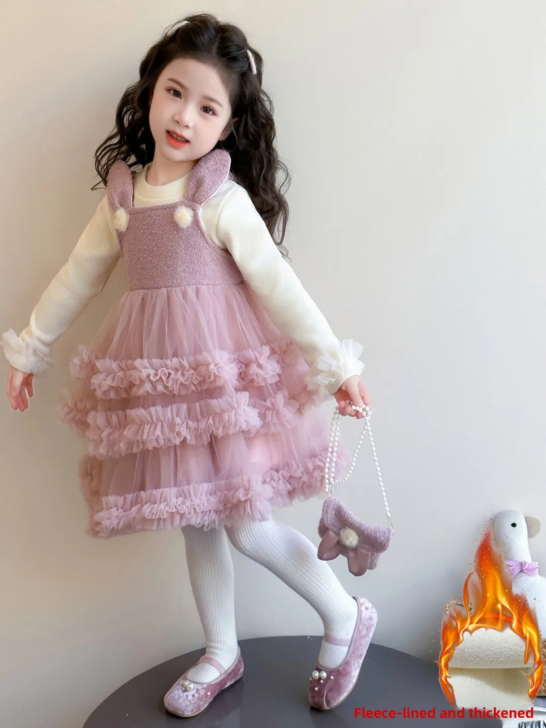 

Thiened Princ Dr for Girls with Rabbit Ear Design Winter Warm Net Gown Children's Casual Sportswear Long Sve round...