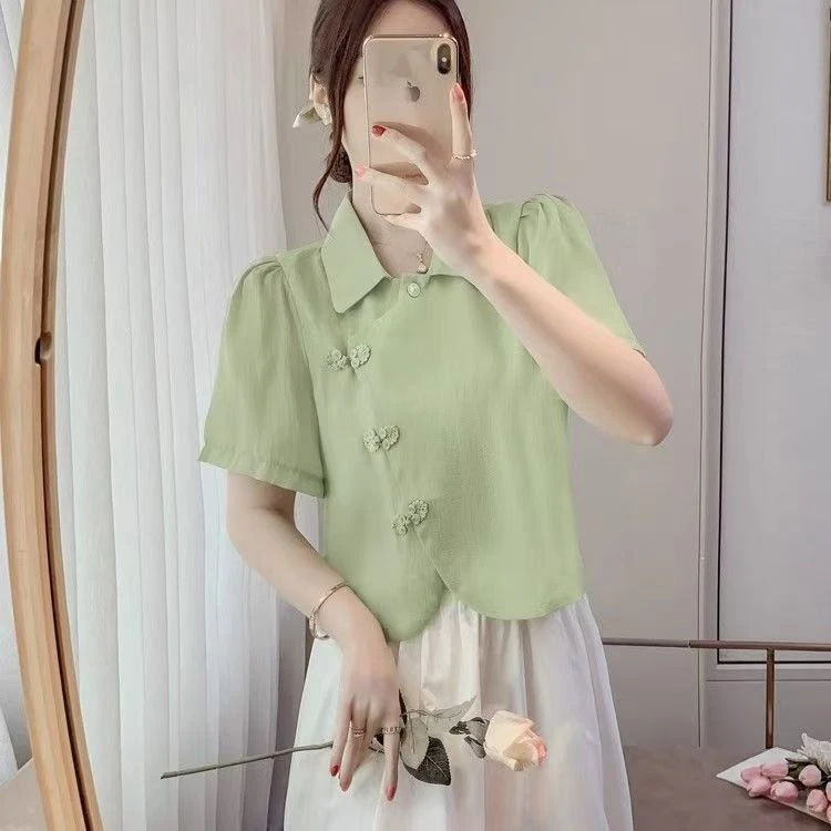 

Spring Summer New Style Women's Short Sleeve Chiffon Top Sweet Chinese National Style High-End Feeling T-shirt Collar Co...