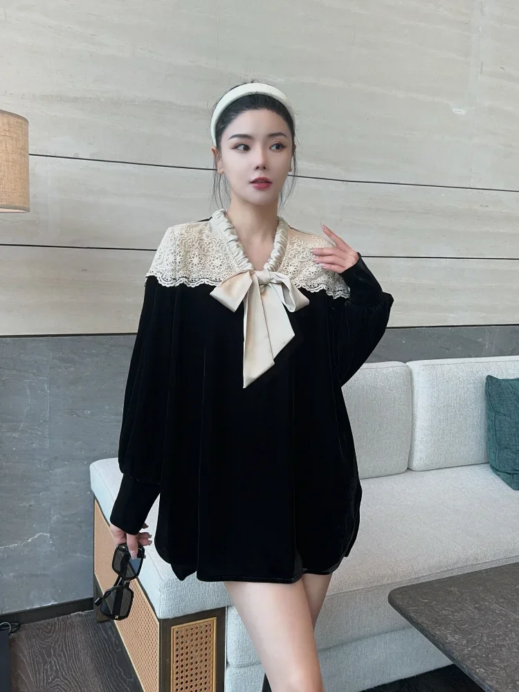 Bow collar lace pullover for women 2024 winter loose fit elegant temperament long sleeved top suitable for banquets and parties